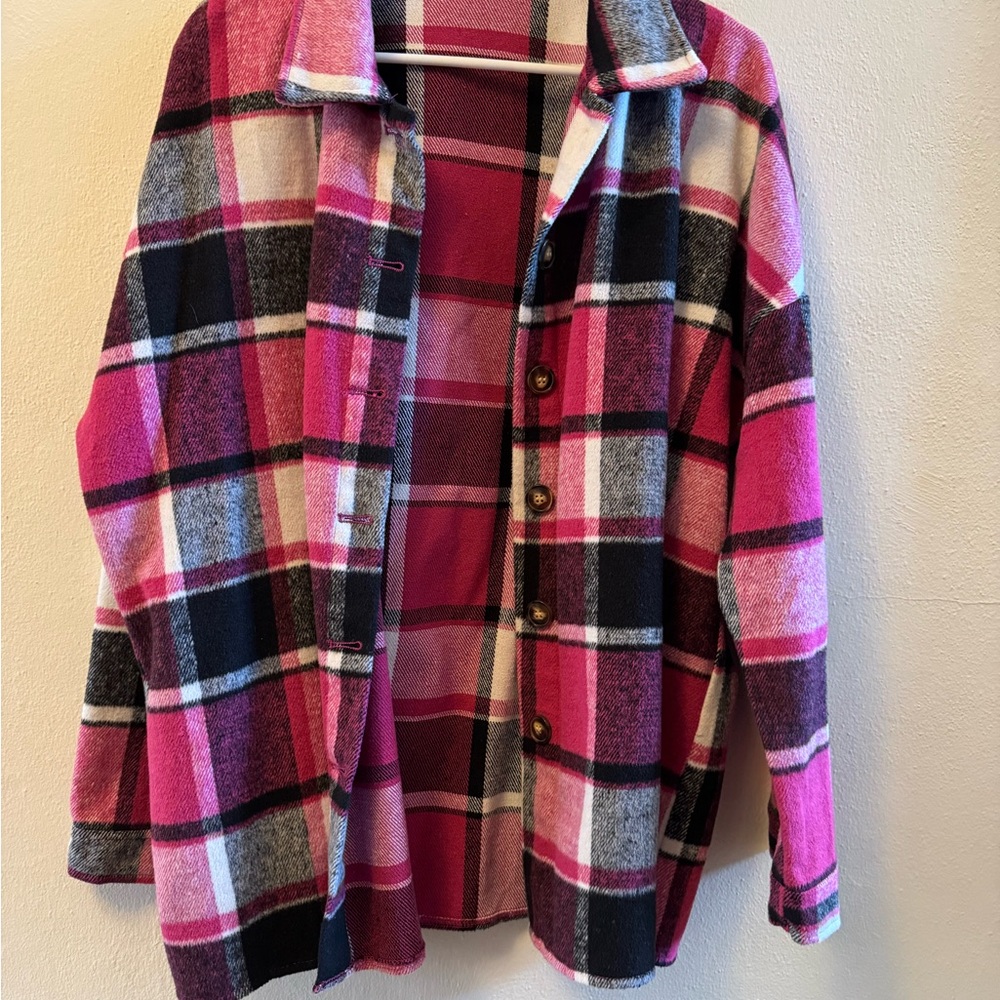 Oversized Plaid Flannel Shacket Hot Pink & Black Checkered Button-Down 2XL - Picture 5 of 11